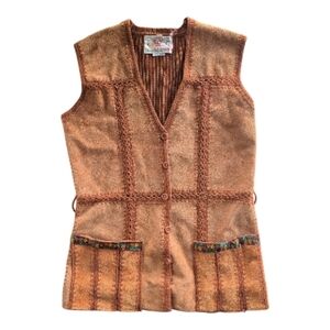Vintage Suede Leather Crochet Patchwork Vest Womens Medium